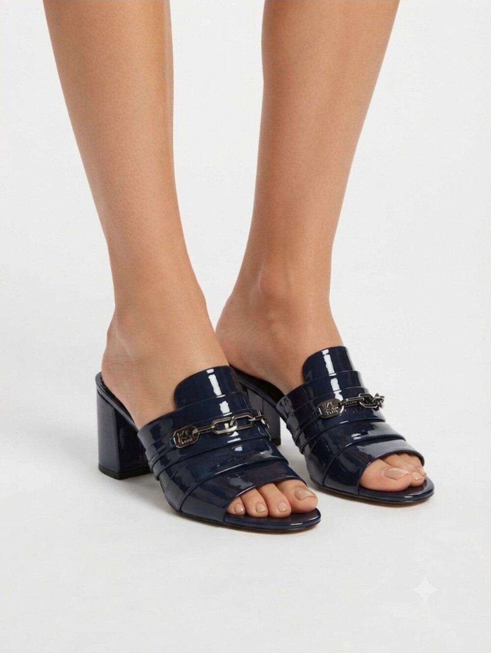 Karl Lagerfeld Navy Patent Leather Chain-Trim Block Heel Mules Size 7